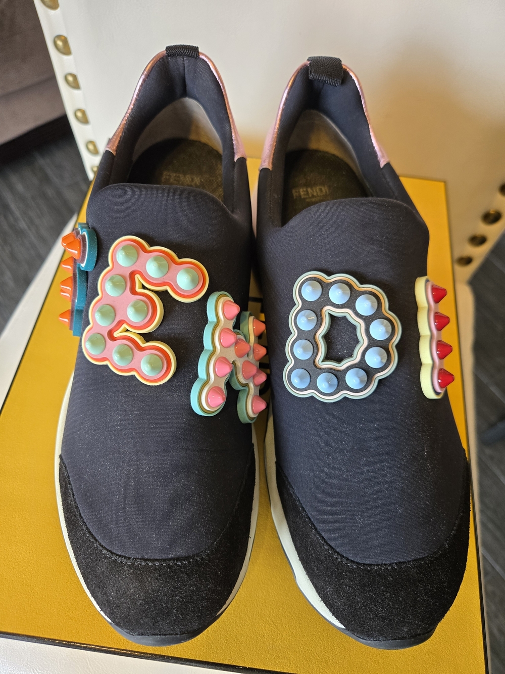 Fendi Black Slip-On Sneakers with Colorful Rubber Letter Appliqués